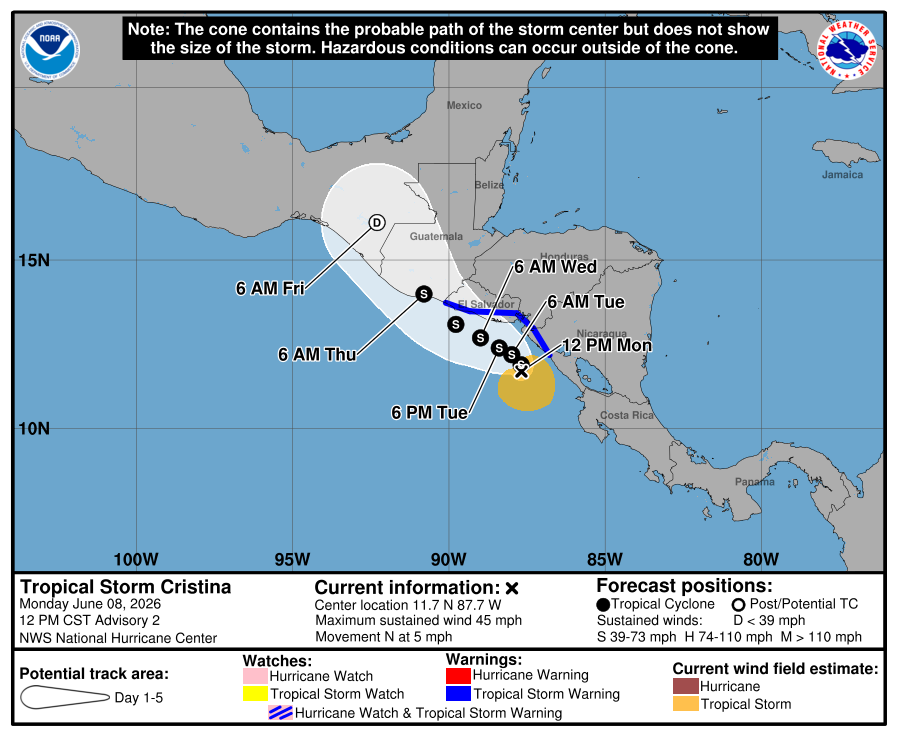 Tormenta Tropical Cristina - Amenaza con lluvias fuertes a Centroamérica desde el Pacifico.